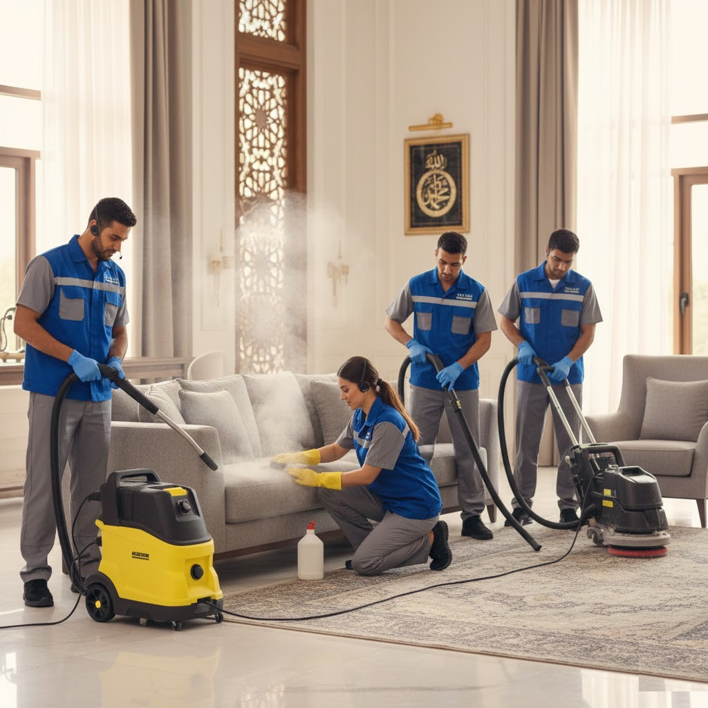 فريق شركة إتقان النظافة يعمل على تنظيف كنب بالمدينة المنورة