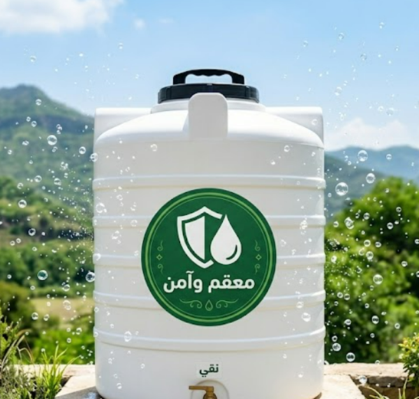 خزان مياه نظيف ومشرق مع ملصق "معقم وآمن"، مما يدل على أنه تم تعقيمه بشكل صحيح وآمن 