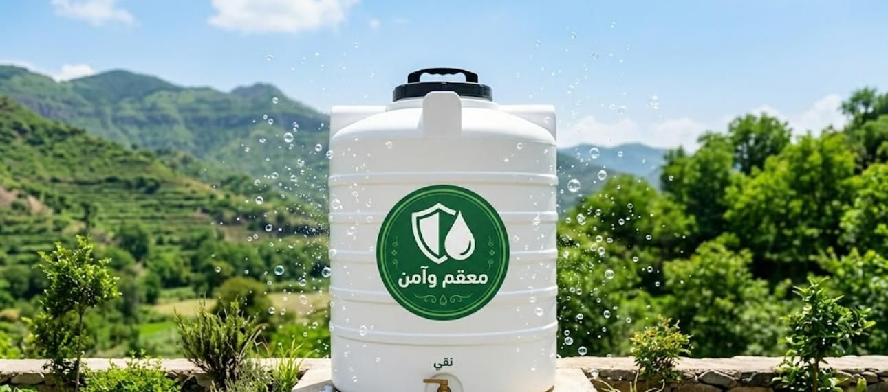 خزان مياه نظيف ومشرق مع ملصق "معقم وآمن"، مما يدل على أنه تم تعقيمه بشكل صحيح وآمن