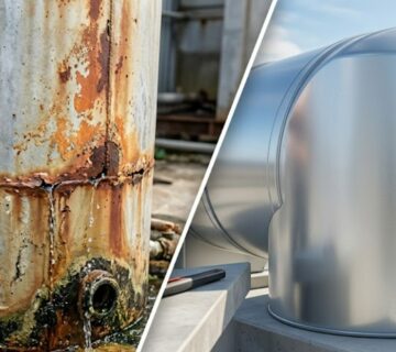 خزان مياه صدئ وقديم على اليسار مقارنة بخزان مياه جديد ولامع على اليمين فوق سطح مبنى 