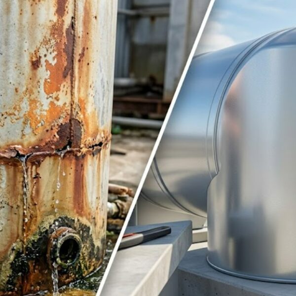 خزان مياه صدئ وقديم على اليسار مقارنة بخزان مياه جديد ولامع على اليمين فوق سطح مبنى 