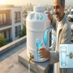 يخرج من خزان مياه أبيض معزول على سطح منزلي تظهر لقطة مكبرة جانبية لطبقات العزل المتعددة الأسمنتية الإيبوكسي والبيتومين وهي تحمي الخزان وتضمن جودة المياه 