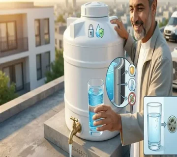 يخرج من خزان مياه أبيض معزول على سطح منزلي تظهر لقطة مكبرة جانبية لطبقات العزل المتعددة الأسمنتية الإيبوكسي والبيتومين وهي تحمي الخزان وتضمن جودة المياه 