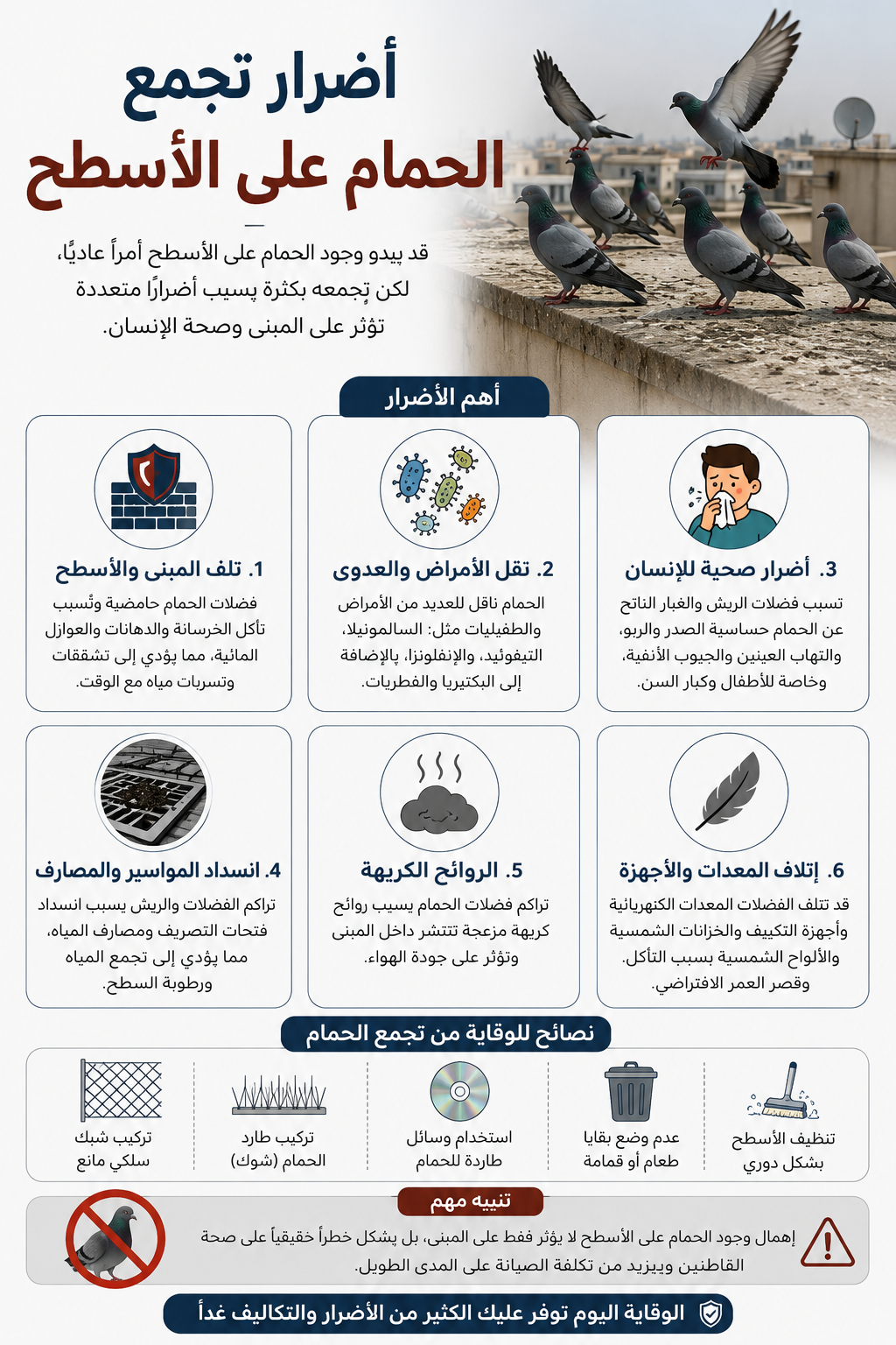 أضرار تجمع الحمام على الأسطح