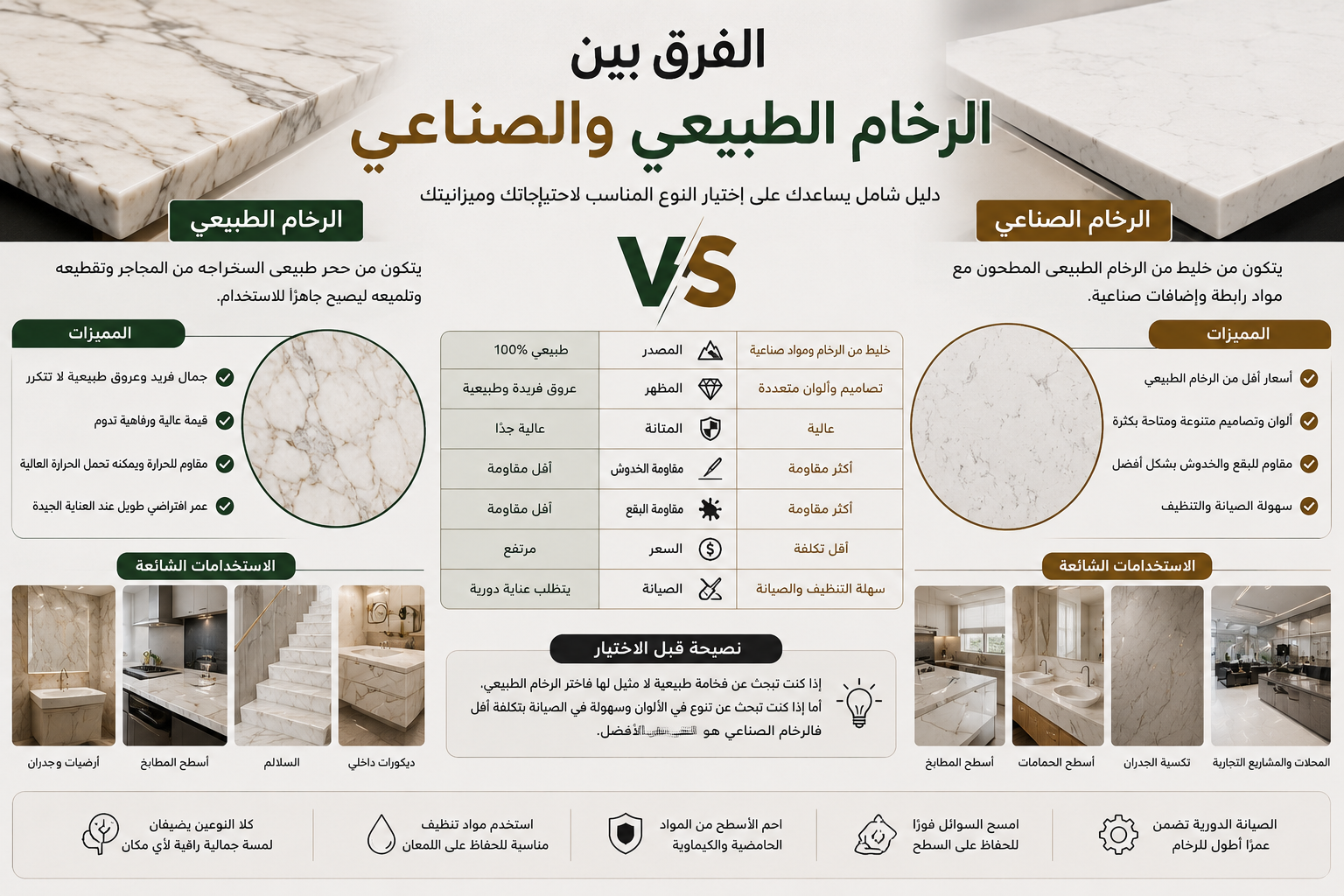 الفرق بين الرخام الطبيعي والصناعي